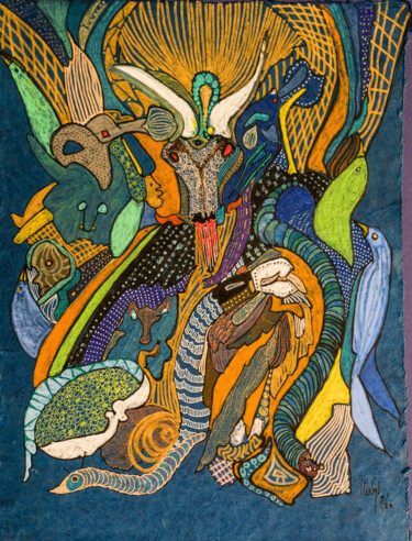 Pintura intitulada "dragon bleu" por Hélène Stevens, Obras de arte originais, Tinta Montado em Cartão