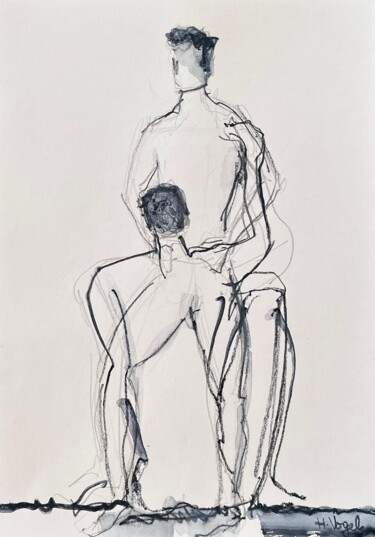 Disegno intitolato "Gorkem assis debout" da Helene Vogel, Opera d'arte originale, Carbone