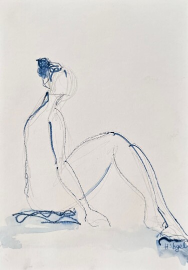 Drawing titled "Marilou assise épure" by Helene Vogel, Original Artwork, Charcoal
