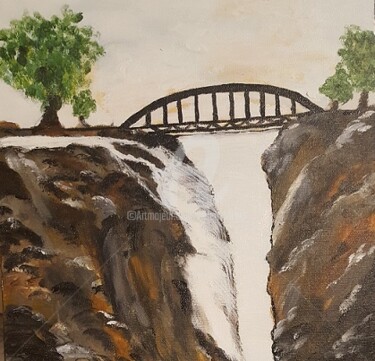 Painting titled "pont-de-la-riviere.…" by Hélène Fortier, Original Artwork, Acrylic