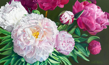 Painting titled "Peony Bouquet" by Helen Mitra, Original Artwork, Oil