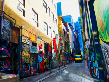 Pintura intitulada "Hosiers Lane - Melb…" por Helen Mitra, Obras de arte originais, Óleo Montado em Armação em madeira