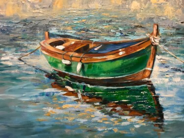 Painting titled ""Green boat"" by Helga Balaban, Original Artwork, Oil