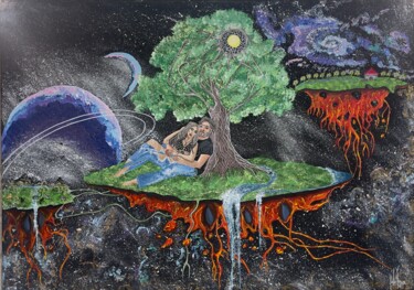 Картина под названием "Вселенская симфония" - Helga, Подлинное произведение искусства, Акрил Установлен на Деревянная панель