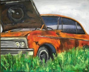 Schilderij getiteld "Voiture orange épave" door Frédérique Cretin (Fé), Origineel Kunstwerk, Olie