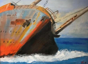 Pintura intitulada "Bateau épave" por Frédérique Cretin (Fé), Obras de arte originais, Óleo