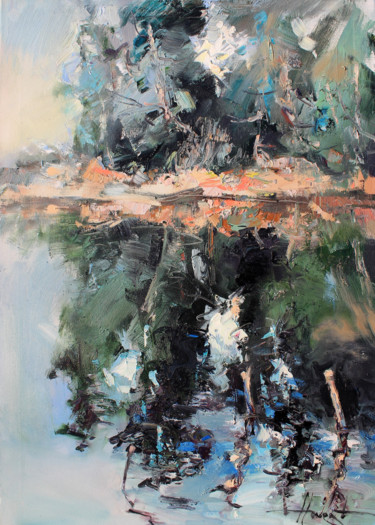 제목이 "Forest Lake"인 미술작품 Henadzy Havartsou로, 원작, 기름 나무 들것 프레임에 장착됨
