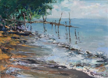 Painting titled "Old jetty" by Henadzy Havartsou, Original Artwork, Oil Mounted on Wood Stretcher frame