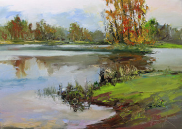 Painting titled "Autumn lake" by Henadzy Havartsou, Original Artwork, Oil Mounted on Wood Stretcher frame