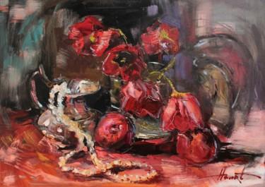 Peinture intitulée "Red tulips" par Henadzy Havartsou, Œuvre d'art originale, Huile Monté sur Châssis en bois