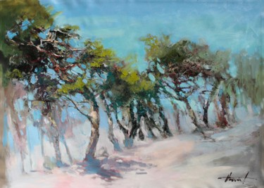 Pittura intitolato "Road with cedars" da Henadzy Havartsou, Opera d'arte originale, Olio Montato su Telaio per barella in le…