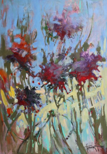 Pintura intitulada "burgundy flowers" por Henadzy Havartsou, Obras de arte originais, Óleo Montado em Armação em madeira