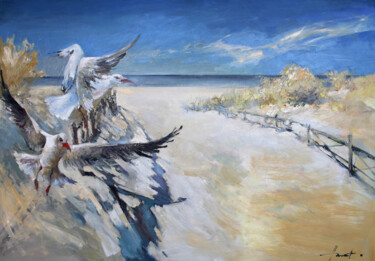 Painting titled "Baltic seagulls" by Henadzy Havartsou, Original Artwork, Oil Mounted on Wood Stretcher frame