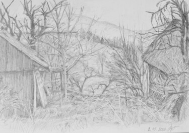 Zeichnungen mit dem Titel "Abandoned farm. Car…" von Hennadii Volokitin, Original-Kunstwerk, Bleistift