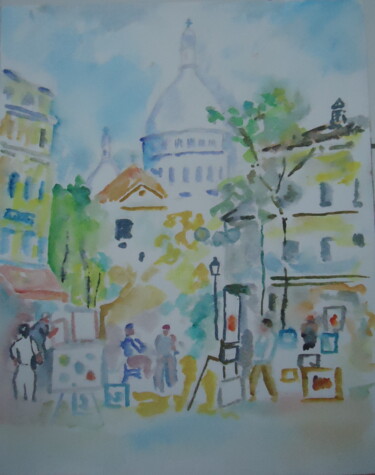 Schilderij getiteld "PLACE DU TERTRE" door Enrico El Nomado Dit El Gréco, Origineel Kunstwerk, Aquarel