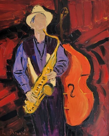 Schilderij getiteld "Le Musicien" door Henri Borowski, Origineel Kunstwerk, Olie Gemonteerd op Frame voor houten brancard