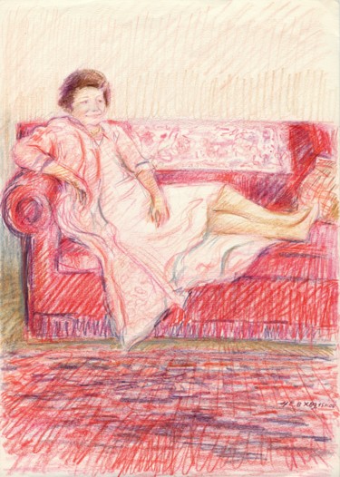 Dessin intitulée "Maman au canapé rou…" par Henri Eisenberg, Œuvre d'art originale, Crayon