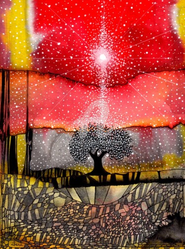 Картина под названием ""Yed Prior"" - Henri Ibara, Подлинное произведение искусства, Гуашь Установлен на Стекло