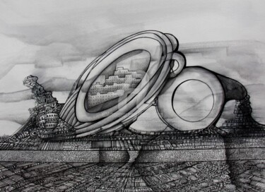 Dessin intitulée "Ville minérale N°39" par Henri Ibara, Œuvre d'art originale, Encre
