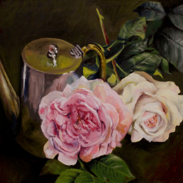 Schilderij getiteld "Les deux roses" door Henri Lequerré, Origineel Kunstwerk, Olie