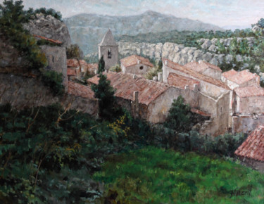 Painting titled "Le vieux village de…" by Henri Remi, Original Artwork, Oil