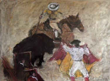 Painting titled "Corrida dans les Ar…" by Henri Remi, Original Artwork, Pastel
