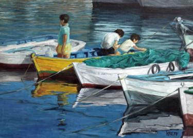 Pintura intitulada "Petits pêcheurs dan…" por Henri Remi, Obras de arte originais, Óleo
