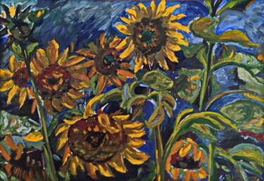 Painting titled "Sonnenblumen 1965" by Herbert Wiedergut (herb-art), Original Artwork, Oil Mounted on Cardboard