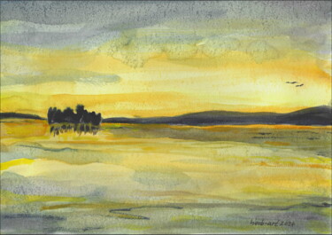 Peinture intitulée "sunset am Kellersee" par Herbert Wiedergut (herb-art), Œuvre d'art originale, Aquarelle