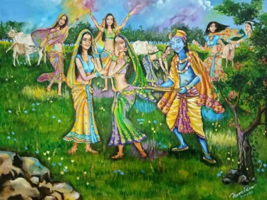 Schilderij getiteld "Radha & Krishna pla…" door Herendra Swarup, Origineel Kunstwerk, Olie