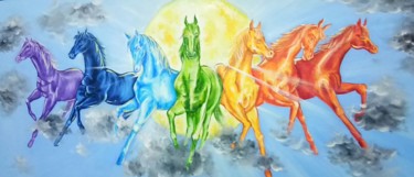 Картина под названием "7-horses-of-the-sun…" - Herendra Swarup, Подлинное произведение искусства, Масло