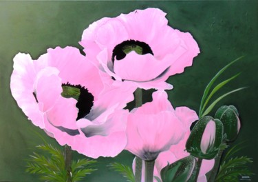 Painting titled "Roze Klaprozen" by Herna Deleu, Original Artwork, Acrylic