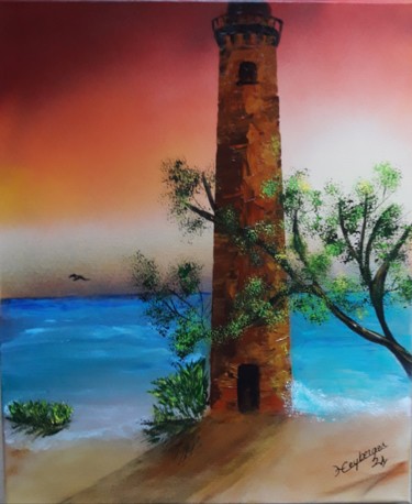 Painting titled "Phare a night" by Céline Liliane Heyberger, Original Artwork, Acrylic