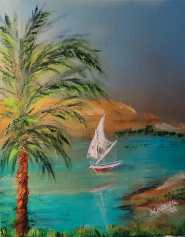Malerei mit dem Titel "Voile sur le Nil" von Céline Liliane Heyberger, Original-Kunstwerk, Acryl