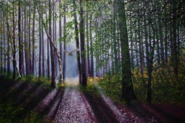 Painting titled "A Shaft Of forest L…" by Hazel Thomson, Original Artwork, Oil
