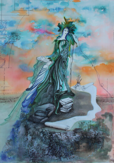 Pittura intitolato "L'ECRIVAINE SUR LE…" da Hilda Garman, Opera d'arte originale, Acquarello