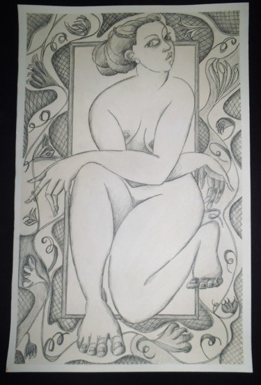 Рисунок под названием "Kneeling Nude 2." - Hilary Mullany, Подлинное произведение искусства, Карандаш