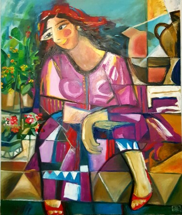 Pintura intitulada "Femme au kaftan mau…" por Hind Elamaoui, Obras de arte originais, Óleo