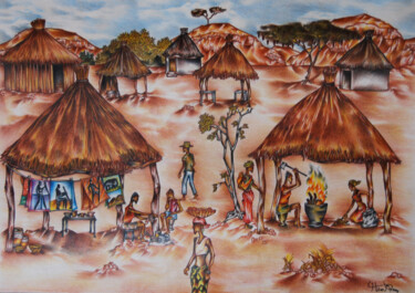Desenho intitulada "zambian village life" por Hiten Mistry, Obras de arte originais, Lápis