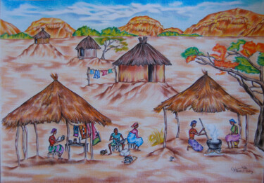 Desenho intitulada "peasant dwellers" por Hiten Mistry, Obras de arte originais, Lápis