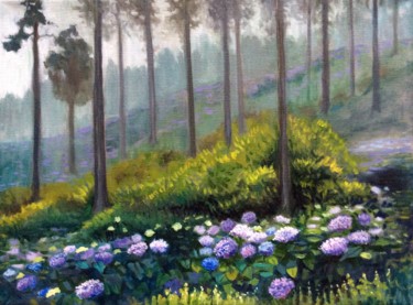 Malerei mit dem Titel "Hydrangeas in the M…" von Hilary J England, Original-Kunstwerk, Öl