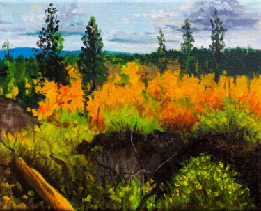 Schilderij getiteld "Lava tubes in Autumn" door Hilary J England, Origineel Kunstwerk, Olie