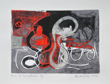 Malerei mit dem Titel "Rose et la rupture…" von Hervé Marchelidon, Original-Kunstwerk, Linoldrucke