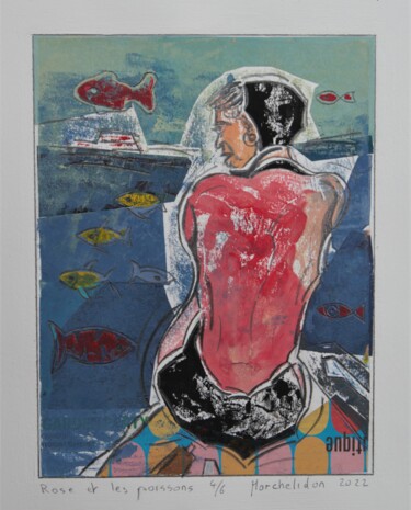 Printmaking titled "Rose et les poisson…" by Hervé Marchelidon, Original Artwork, Linocuts