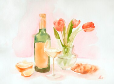 Pintura titulada "Still life with wine" por Anna Hnatiuk, Obra de arte original, Acuarela