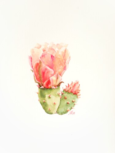 Painting titled "Cactus with pink fl…" by Anna Hnatiuk, Original Artwork, Watercolor