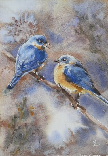 Painting titled "Sialia birds" by Anna Hnatiuk, Original Artwork, Watercolor