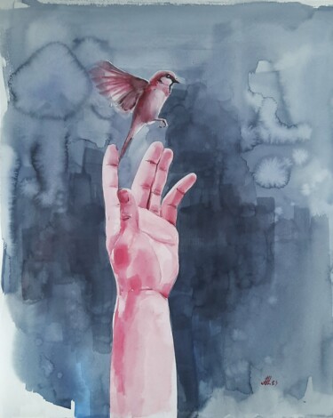 Malarstwo zatytułowany „The Pink bird” autorstwa Anna Hnatiuk, Oryginalna praca, Akwarela
