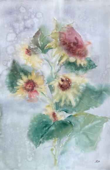 Картина под названием "Watercolor sunflowe…" - Anna Hnatiuk, Подлинное произведение искусства, Акварель