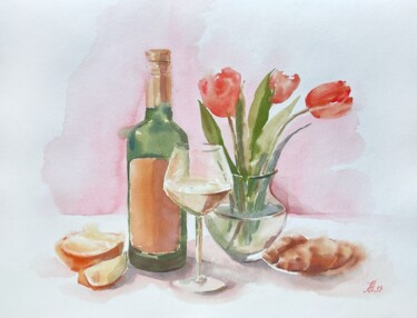 Painting titled "The bottle of wine…" by Anna Hnatiuk, Original Artwork, Watercolor